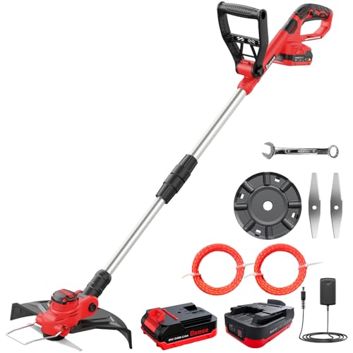 Coupe Bordure sans Fil 21V, Bamse Débroussailleuse à Batterie Electrique Brushless avec 2 Batteries 2.0Ah, 2 Lames, 2 Bobines (5m), Tube Télescopique, Poignée Réglable, Tête Pivotante 90°