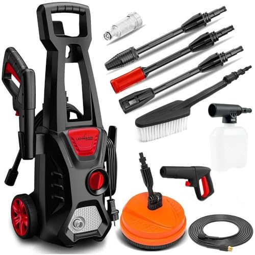 Lehmann Nettoyeur Haute Pression Jukon, 1600 W, Max. 200 Bar, Débit 480 l/h, Tuyau Haute Pression de 5m avec, Kit D'accessoires - Pistolet, Lances, Lance à Mousse, Brosse à Patio, Brosse à Jante
