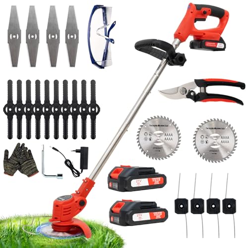 Debroussailleuse Electrique sans Fil, Débroussailleuse à Gazon Pliable avec 2 Batteries et 4 Types de Lames, Poignée réglable, Coupe Bordures pour la Coupe de Jardin, Pelouses et Terres Agricoles